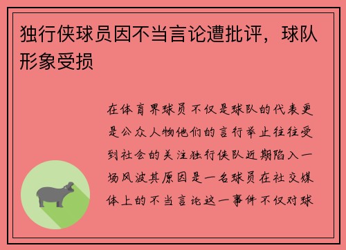 独行侠球员因不当言论遭批评，球队形象受损
