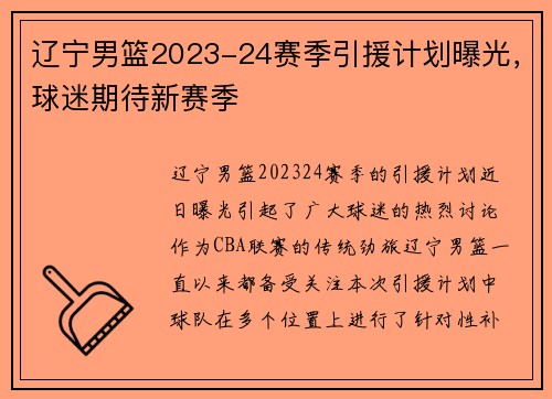 辽宁男篮2023-24赛季引援计划曝光，球迷期待新赛季