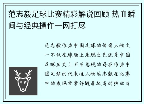 范志毅足球比赛精彩解说回顾 热血瞬间与经典操作一网打尽